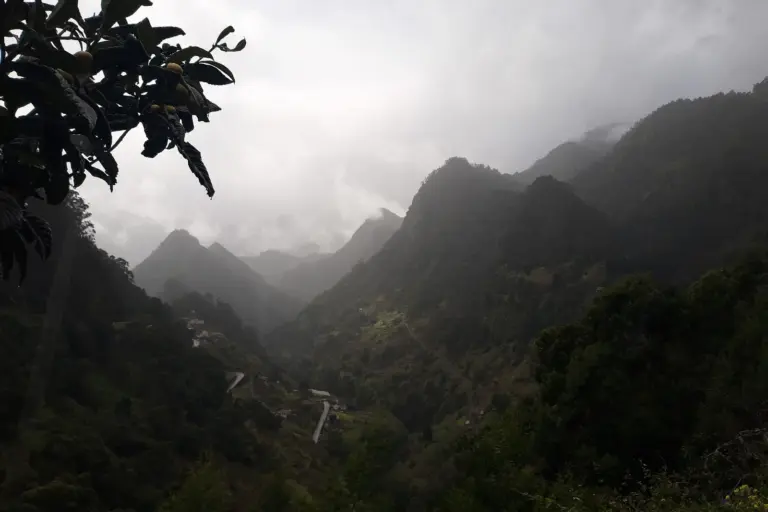 Bergstraße auf Madeira, im Tal darunter zieht Nebel auf